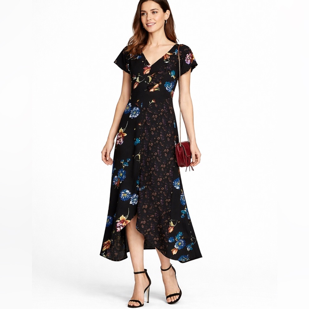 Xhilaration Black Floral Patchwork Lace-Up Handkerchief Hem Maxi Dress, Size M
